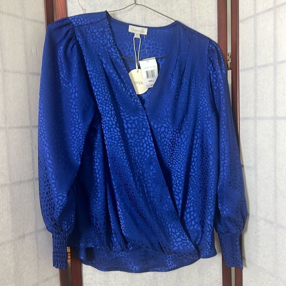 NWT CHENAULT SAPPHIRE SATIN JACKUARD CROSSOVER BLOUSE SIZE S